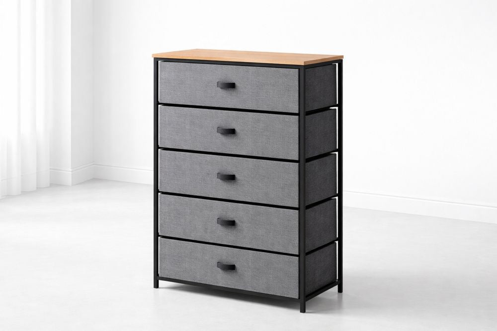 Gray Fabric 5-Drawer Storage Unit with Metal Frame and Wood Top
