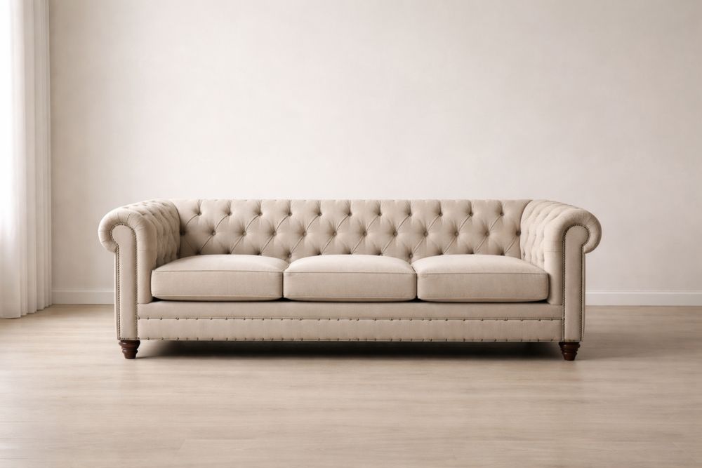 Beige Linen Upholstered Chesterfield Sofa with Solid Wood Legs