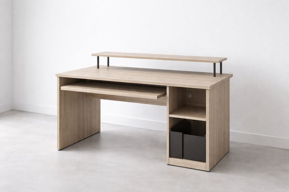 Wooden Computer Desk with Keyboard Tray and Storage Shelves