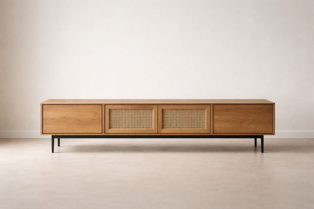 Wood TV Stand with Rattan Mesh Doors and Black Metal Legs
