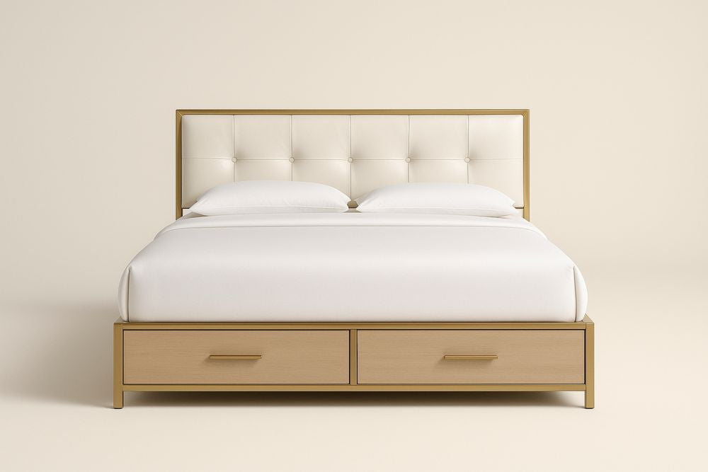 Upholstered Queen Bed with Storage Drawers and Wooden Frame in Cream