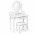 Coiffeuse en bois avec miroir ovale et tabouret en blanc