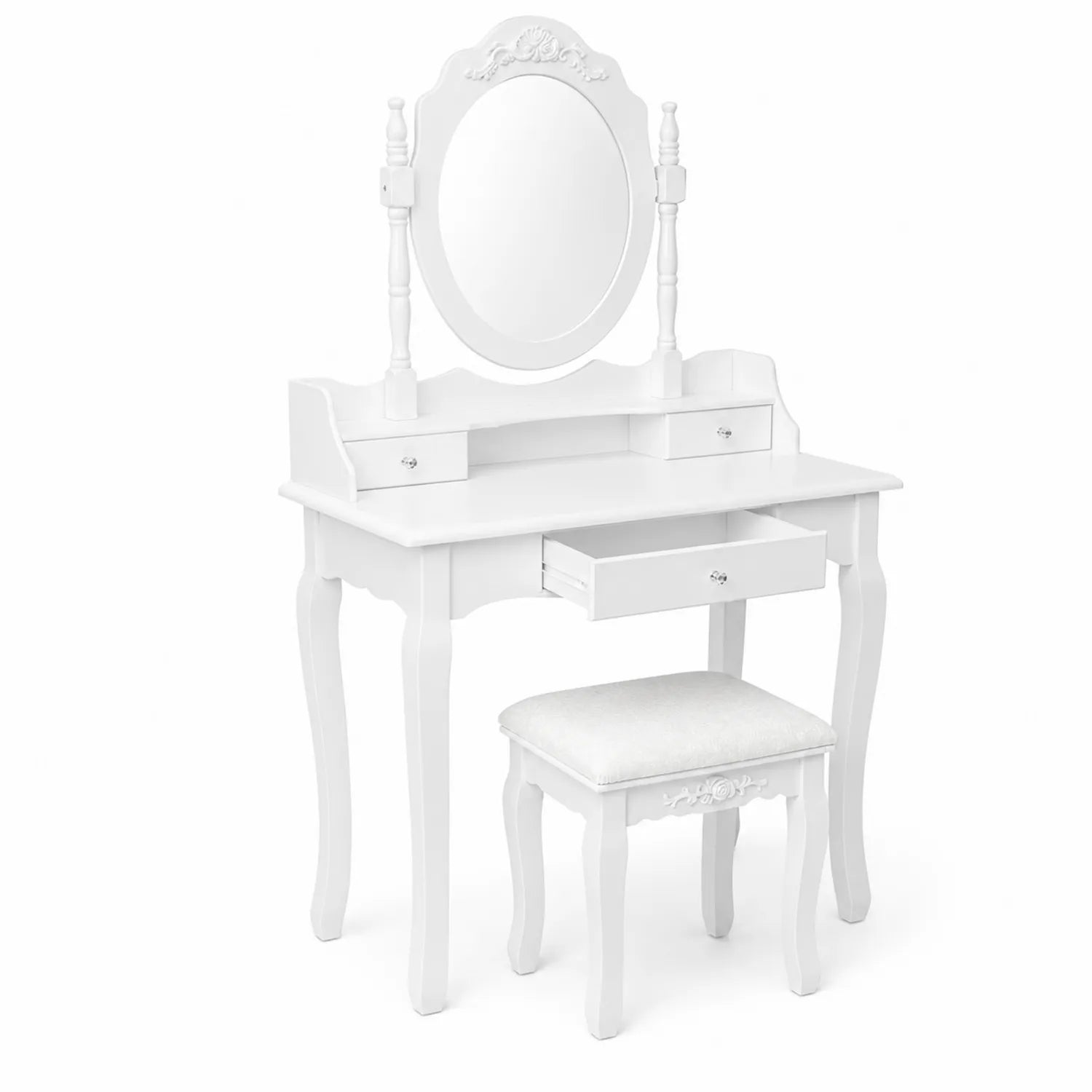 Coiffeuse en bois avec miroir ovale et tabouret en blanc