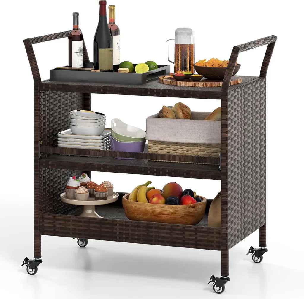 Chariot de Barbecue 3 Niveaux en Rotin PE avec Poignées pour Extérieur, 86x50x89 cm, Marron, Idéal pour Cuisine et Jardin