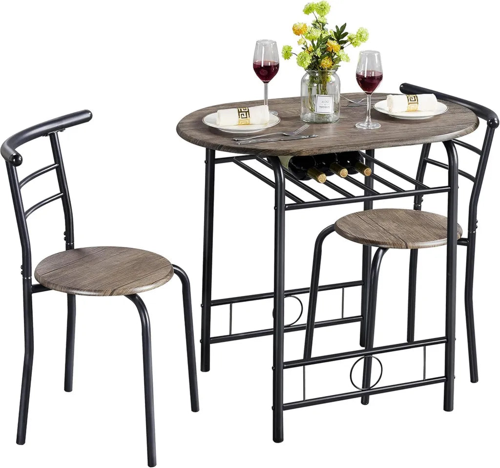 Ensemble de Salle à Manger 3 Pièces avec Rangement, Table et Chaises pour Petits Espaces, Couleur Gris Foncé et Noir