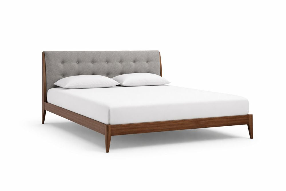 Wood Platform Bed with Upholstered Headboard in Walnut and Gray