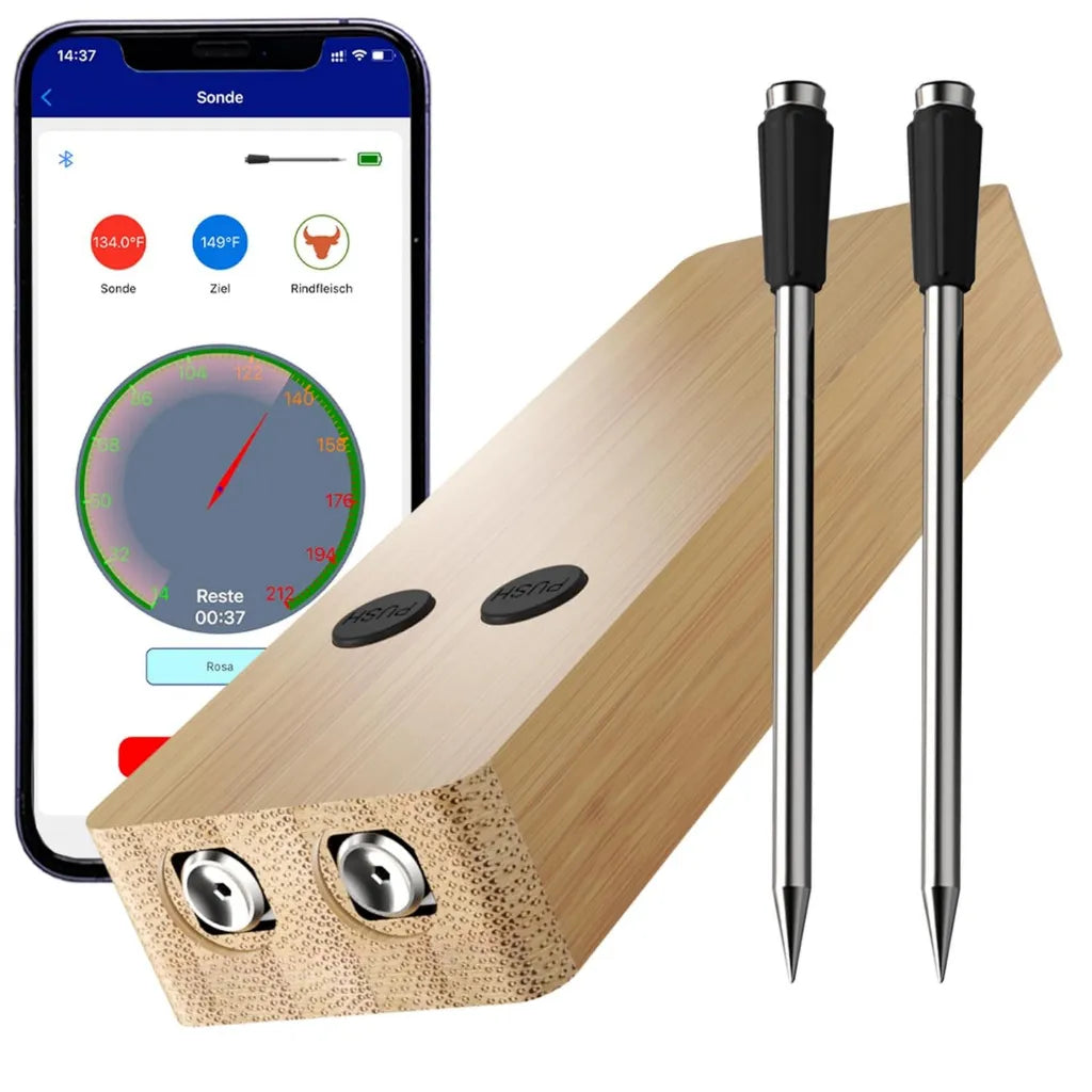 Thermomètre Bluetooth sans fil avec 2 sondes fines, idéal pour viande, barbecue, four et fumoir, portée de 100m
