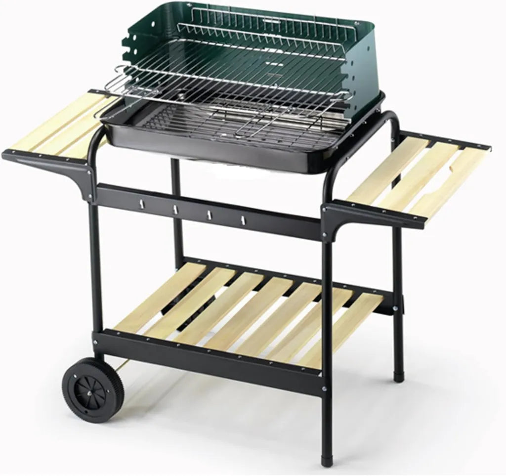 Gril à charbon portable avec chariot et étagères en bois, 48 x 103 x 91 cm, roulettes incluses