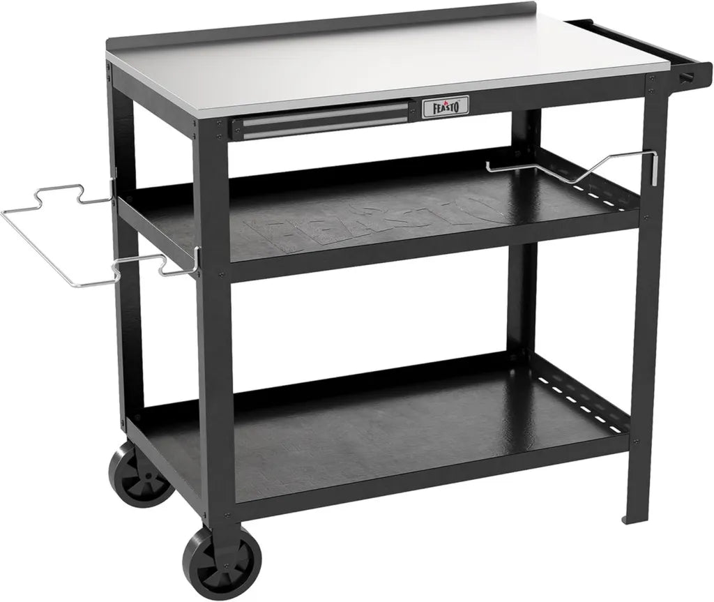 Chariot de Barbecue Extérieur Feasto 80x45 cm - Acier Inoxydable, Table Mobile avec Supports Assaisonnement et Outils