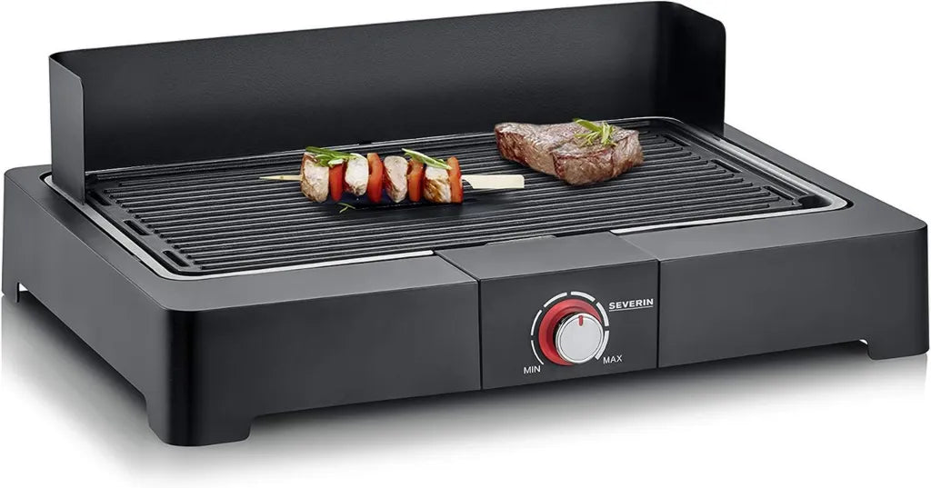Gril Électrique SEVERIN 2200 W, Grille Fonte Aluminium, Barbecue Portable Intérieur/Extérieur, Pare-Vent Amovible, Bac à Eau, Noir