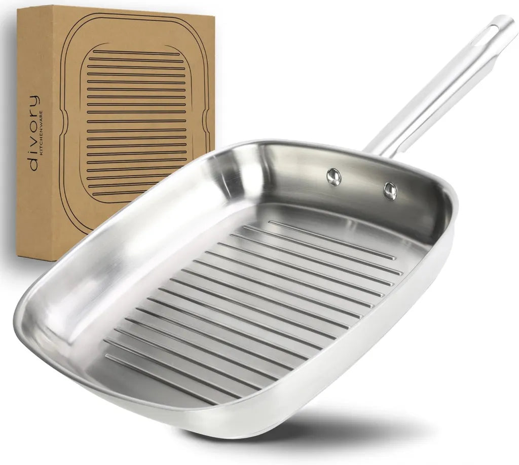 Poêle à Griller Carrée 28 cm en Acier Inoxydable, Compatible Induction et Four