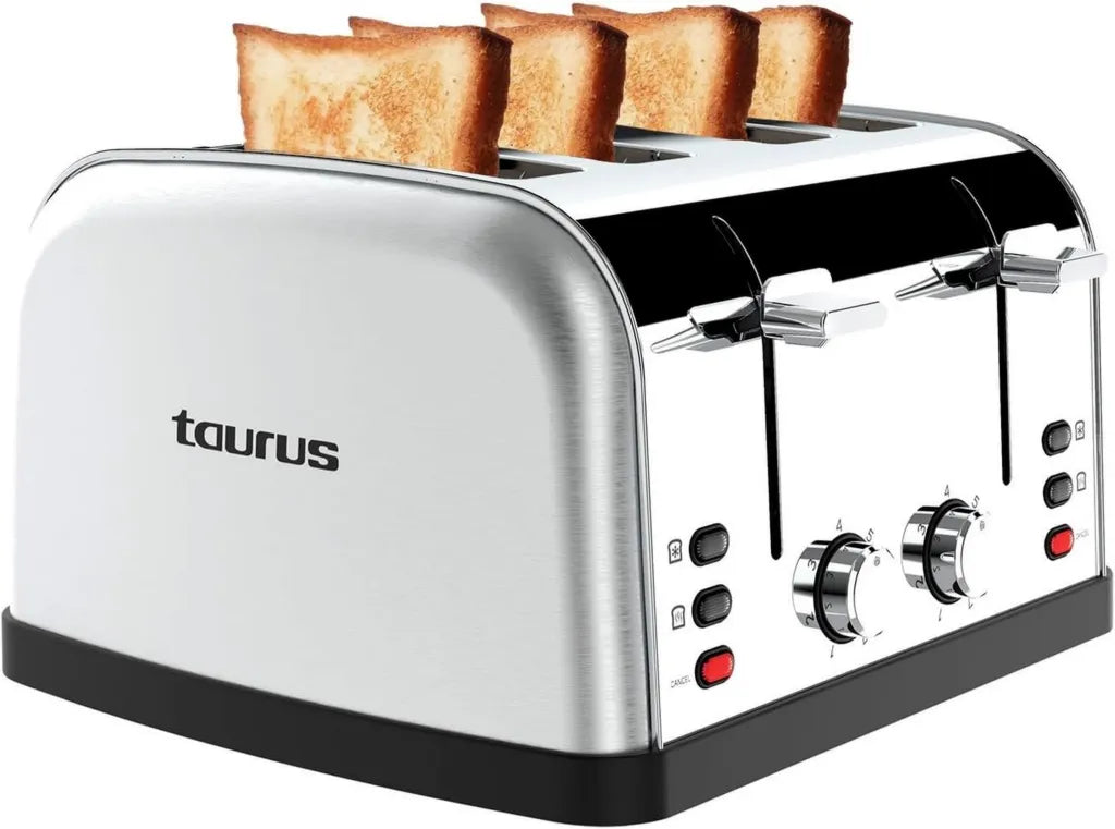 Grille-pain rétro Taurus 1900W, 4 fentes, inox, 7 niveaux, haute élévation, ramasse-miettes