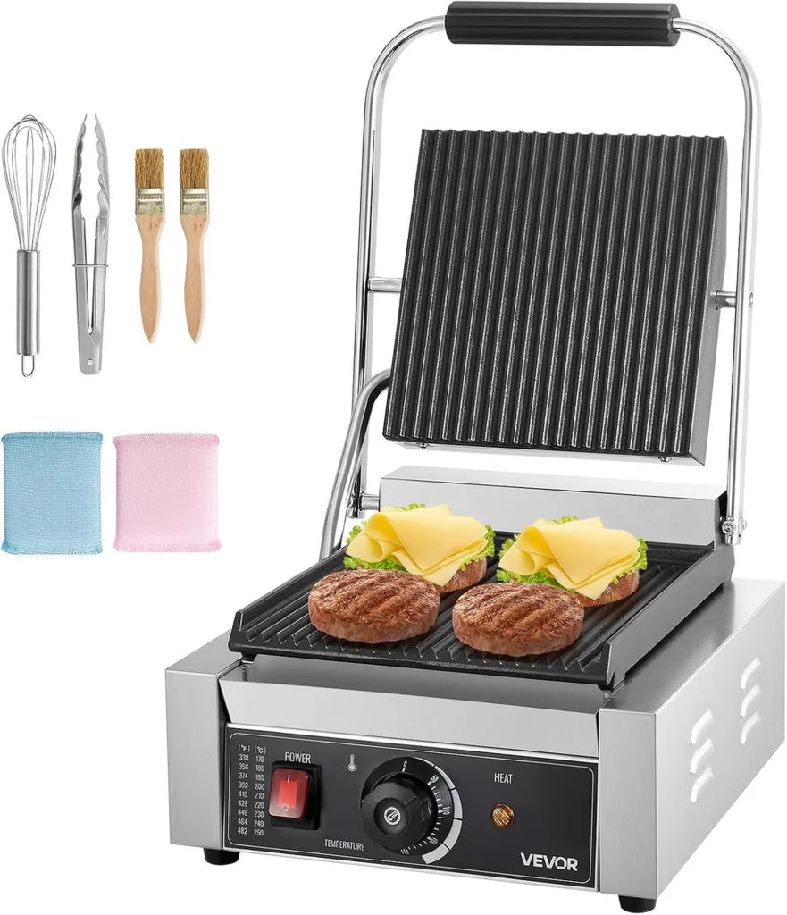 Presse à Panini Électrique Inox 1800 W, Plaque Émaillée 22x23 cm, Gril Multifonction Température Réglable