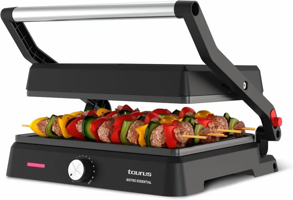 Barbecue Électrique Taurus 2600W, Grill et Plancha 2-en-1, Plaques Antiadhésives 29x23 cm, Thermostat Réglable, Bac à Graisse, Sécurité Cool Touch