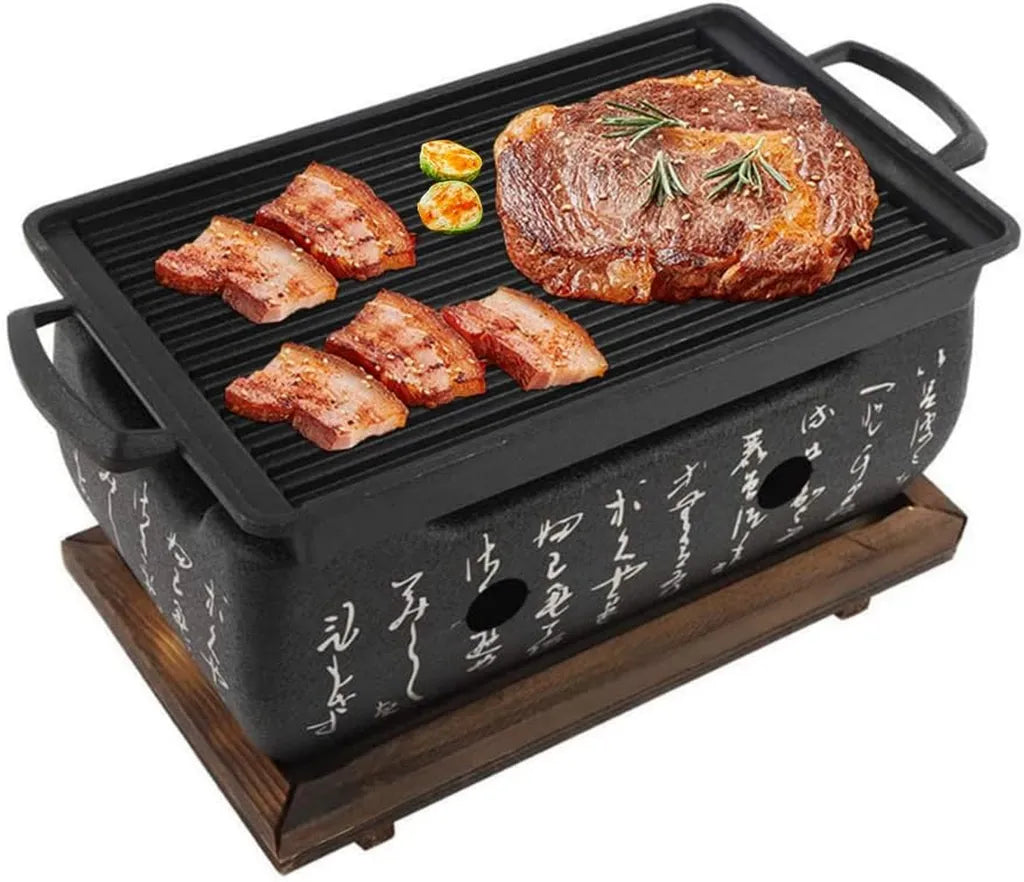 Gril Japonais Portable à Charbon avec Base en Bois pour Yakiniku et Camping