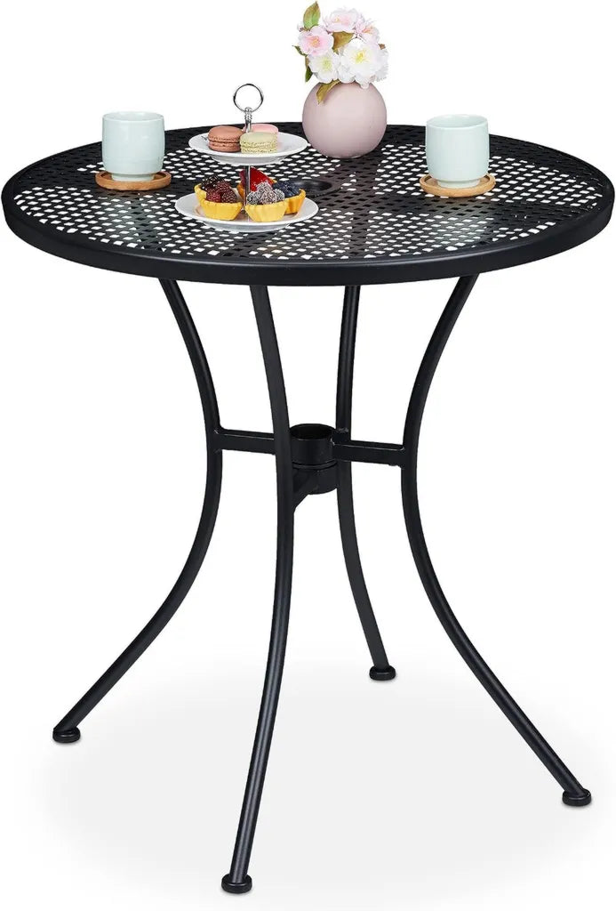 Table de Jardin Ronde en Acier Noir, Résistante aux Intempéries avec Trou pour Parasol