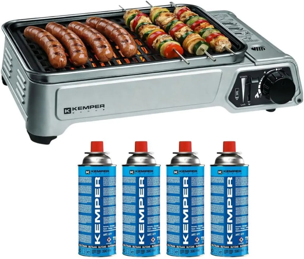 KEMPER - Barbecue Portable à Gaz 1900W avec Allumage Piézo | Grille Anti-Adhésive | Inclus Cartouches de Gaz et Mallette de Transport | Léger et Certifié CE
