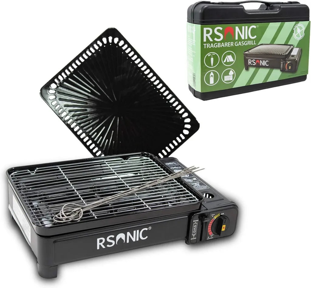 Barbecue à Gaz Portable avec Grille et Plaque de Cuisson - Étui de Transport Inclus