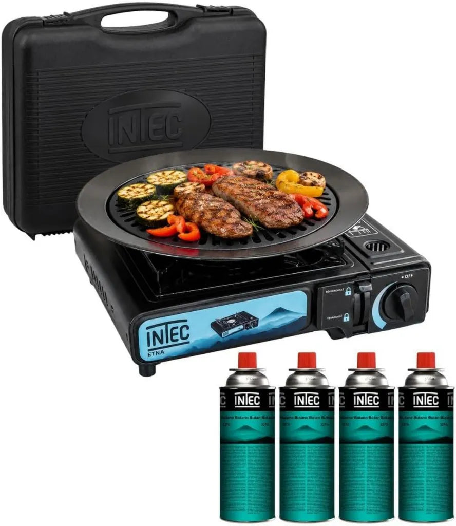 INTEC - Réchaud à Gaz Portable 2200W avec Plaque Grill et 4 Cartouches, Idéal pour le Camping, Allumage Piézo