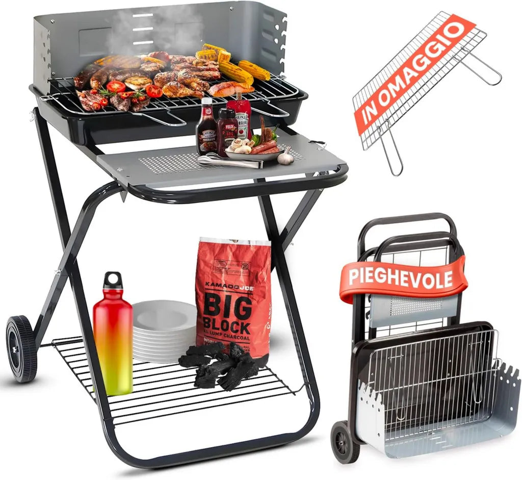 Gril à charbon pliable Avilia avec roues, idéal pour jardin et camping