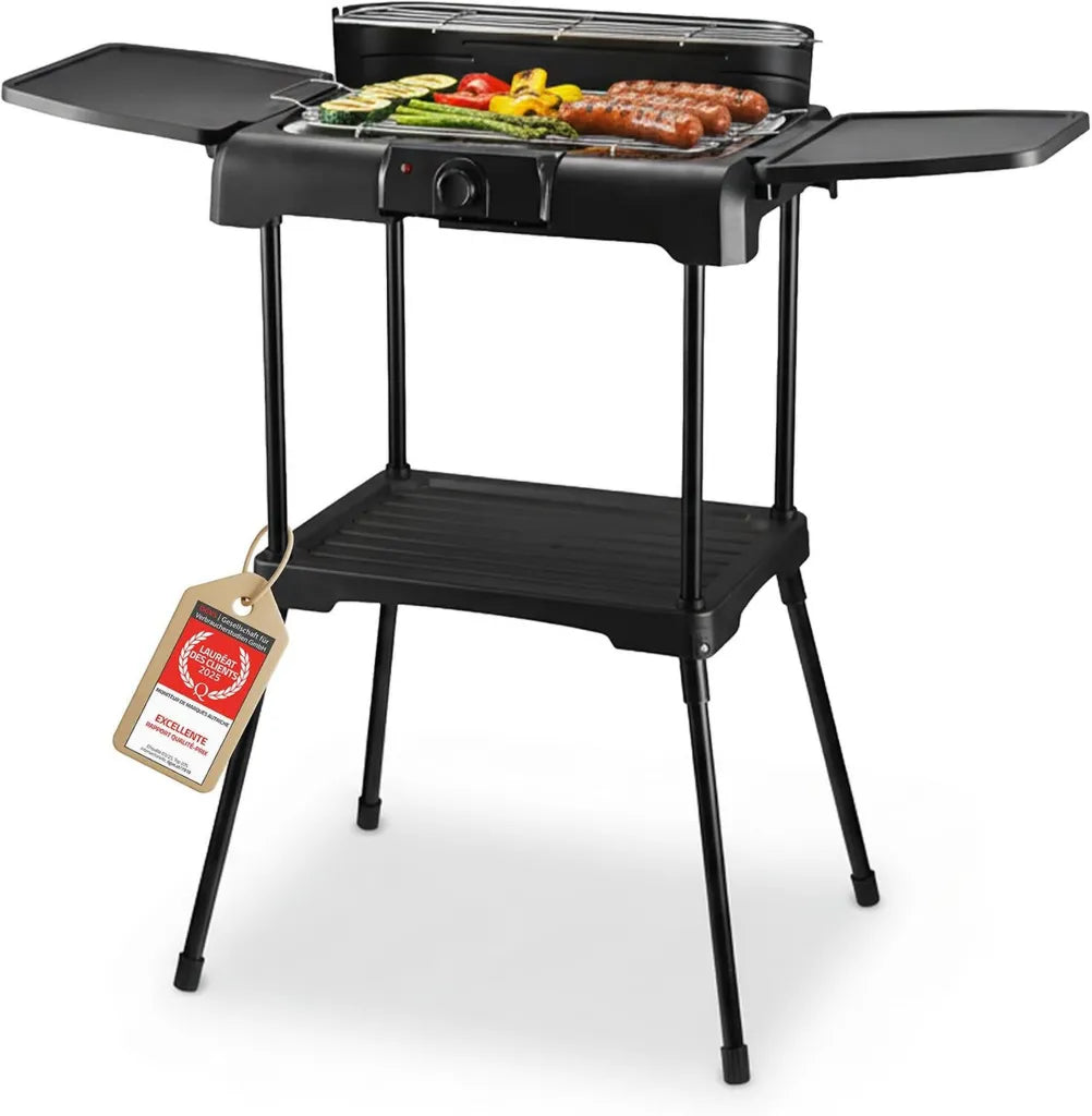 Grill Électrique sur Pied 2200W avec Thermostat et Tablettes Latérales