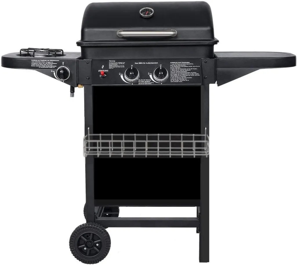 Gril à gaz compact 2 brûleurs avec tablettes et chariot en acier, 8,7 kW