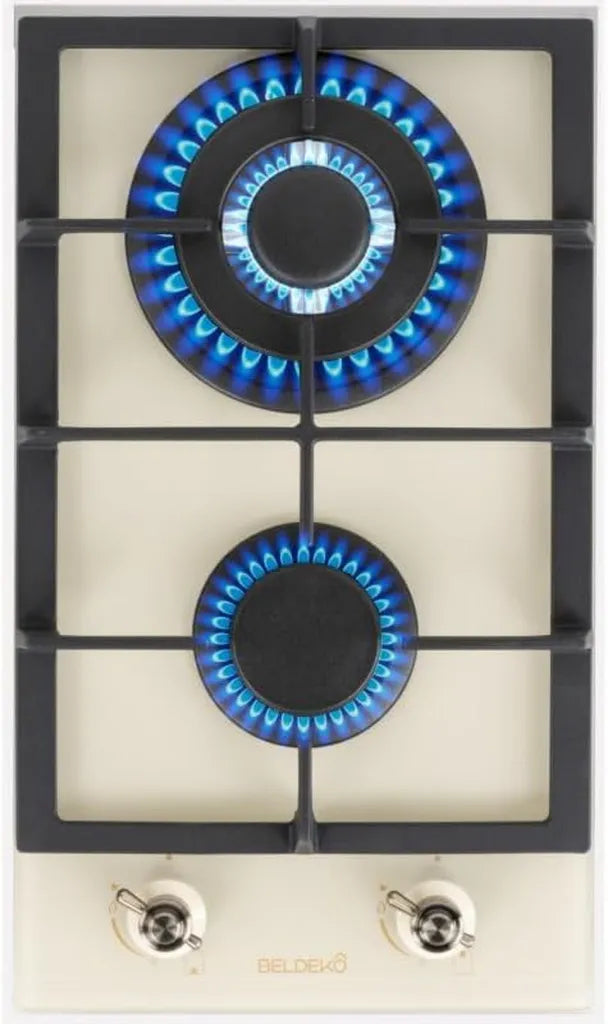 Plaque de Cuisson Gaz 2 Feux 5200W Beige avec Grilles en Fonte