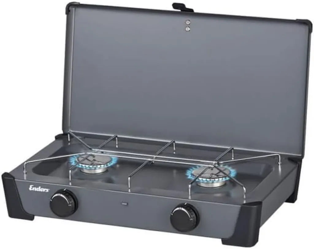 Réchaud à Gaz Portatif 2 Flammes 4600W avec Couvercle Compatible Bouteille et Cartouche