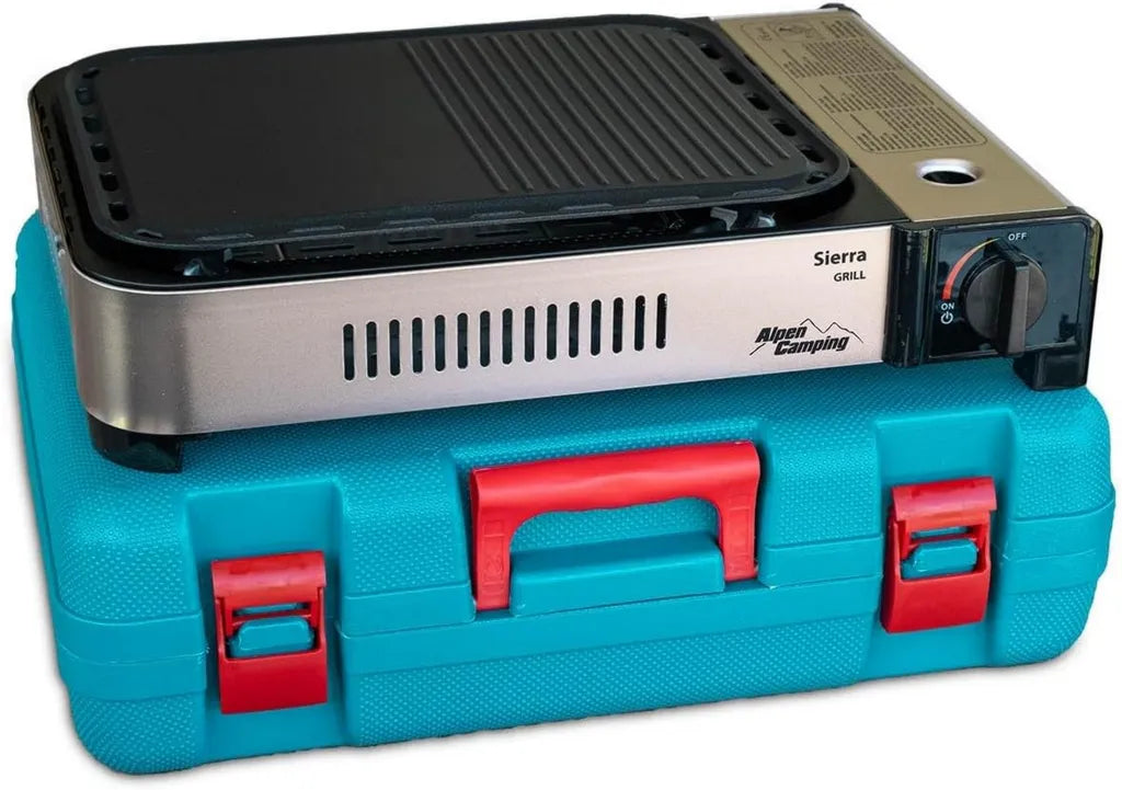 Grill Plancha à Gaz Portable ALPEN 2100W, Allumage Piézoélectrique, Distribution Équilibrée de Chaleur, Bac à Graisse, Housse de Transport Offerte - Pour Balcon et Camping
