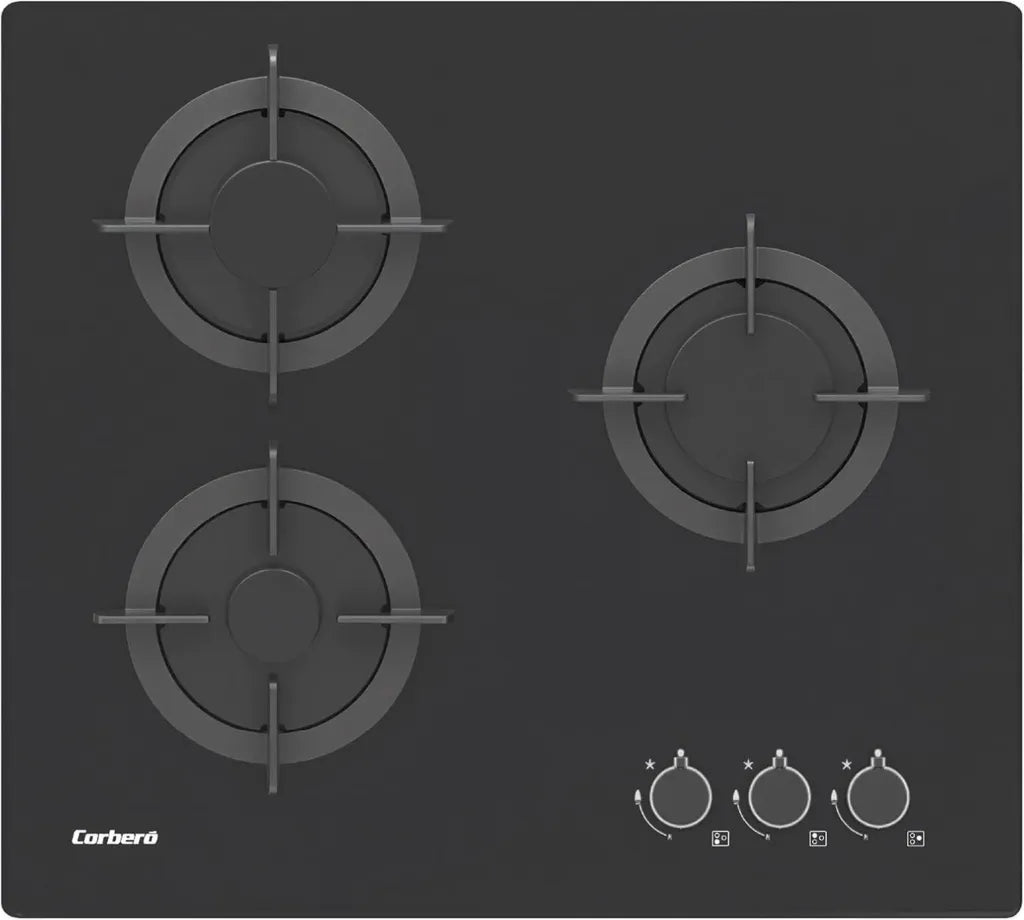 Plaque de cuisson à gaz Corberó 60 cm, verre, 3 foyers, grille en fonte, sécurité intégrée
