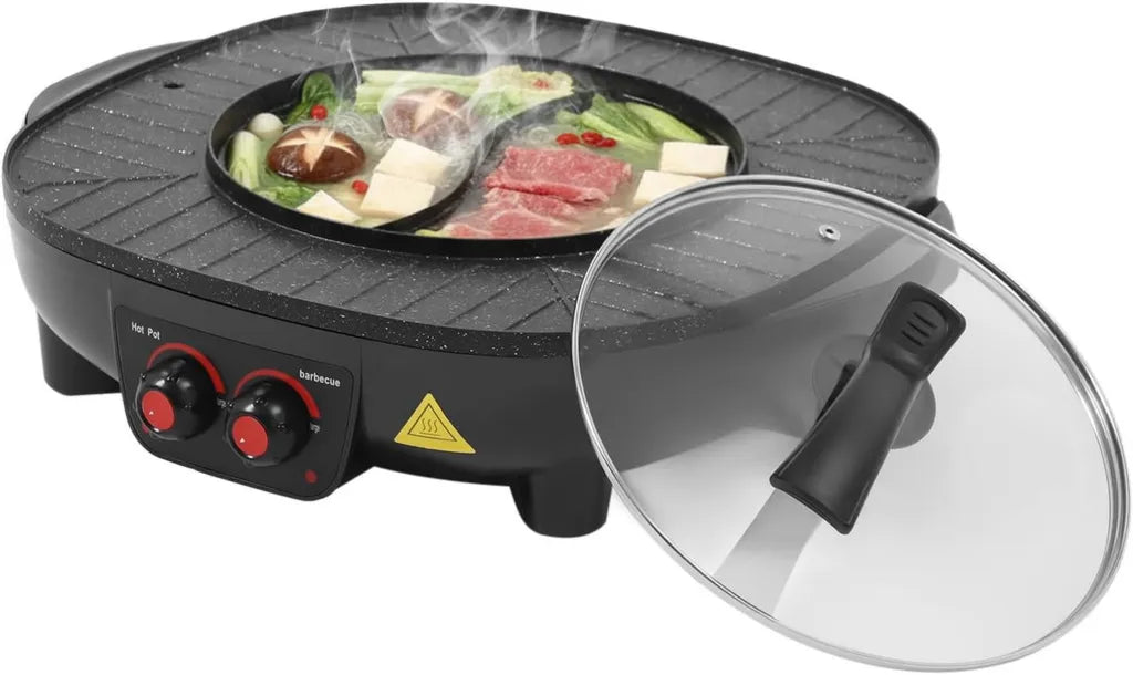 Appareil Électrique 2 en 1 Grill et Fondue 2000W, Multifonction avec Contrôle Double, Revêtement Antiadhésif, Marmite 3L pour 5-6 Personnes, Parfait pour Repas en Famille et Festivités