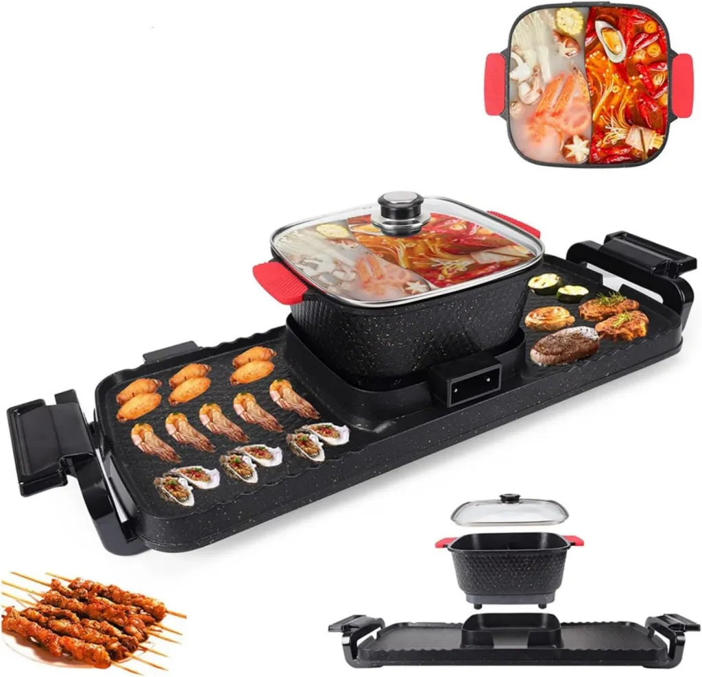 Grill Électrique 2 en 1 Shabu & Barbecue - 2300W Total - Multifonction - Fonte d'Aluminium Antiadhésive - Double Contrôle Température