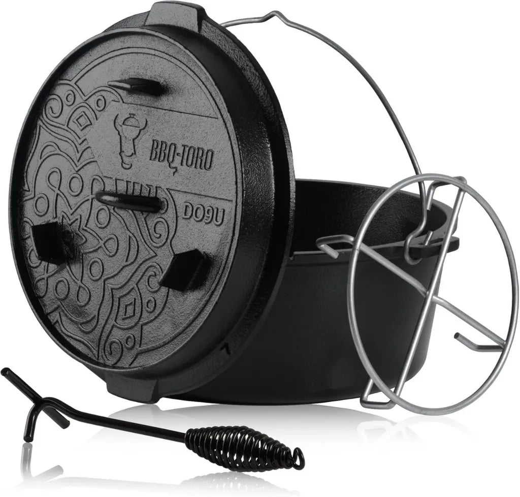 Cocotte en Fonte BBQ-Toro 9L avec Revêtement PRO3+ | Casserole Sans Pieds Préassaisonnée | Rôtissoire avec Levier de Couvercle