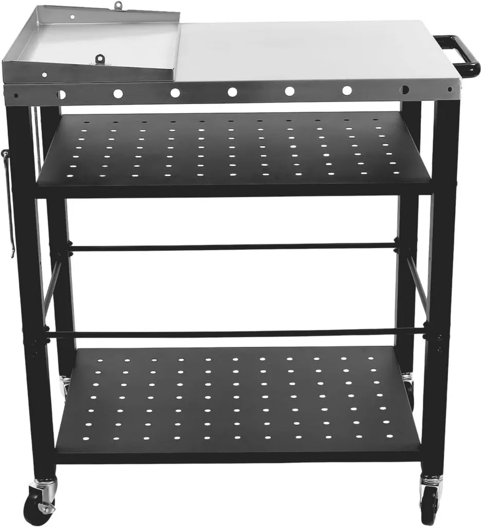Table de Barbecue Mobile en Acier Inoxydable avec Grand Plan de Travail, 4 Étagères, Support de Sac et Roues avec Frein, pour Jardin et Camping