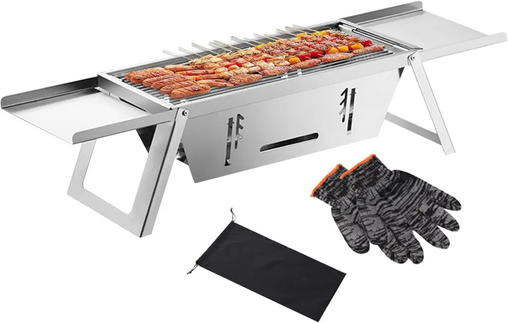 Gril à charbon pliable en acier inoxydable pour extérieur - Idéal pour camping et pique-nique