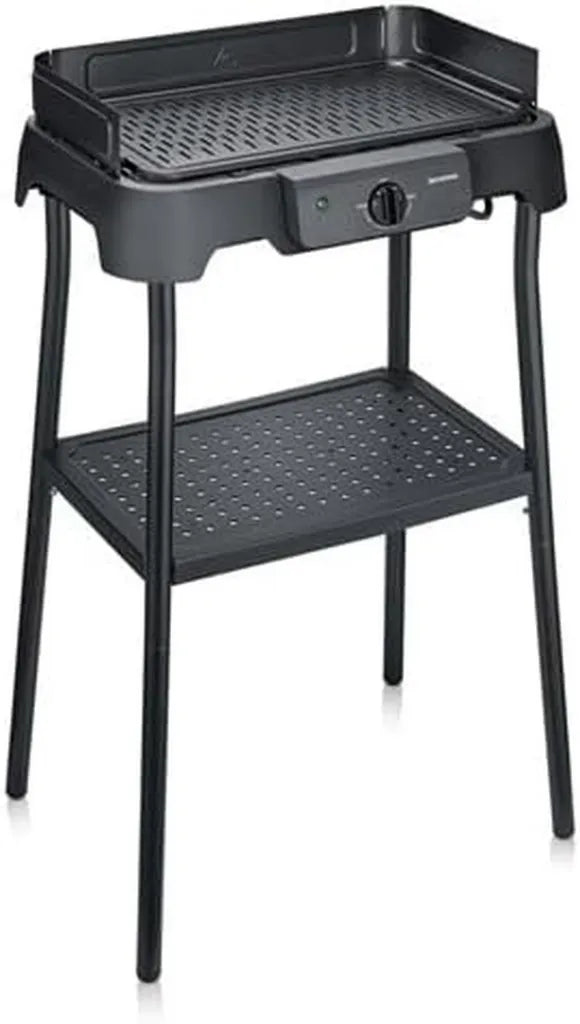 Barbecue Électrique SEVERIN 2000W avec Support, Plaque en Aluminium et Pare-Vent, Utilisation Intérieure et Extérieure, Modèle PG 8596, Noir