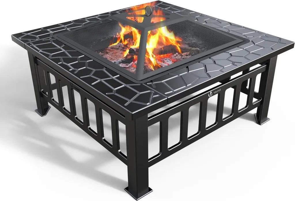 VOUNOT® Brasero Extérieur Multifonctionnel avec Grille de Protection, Poêle à Bois pour Jardin, Terrasse et Balcon, Chauffage Noir 81x81x45cm