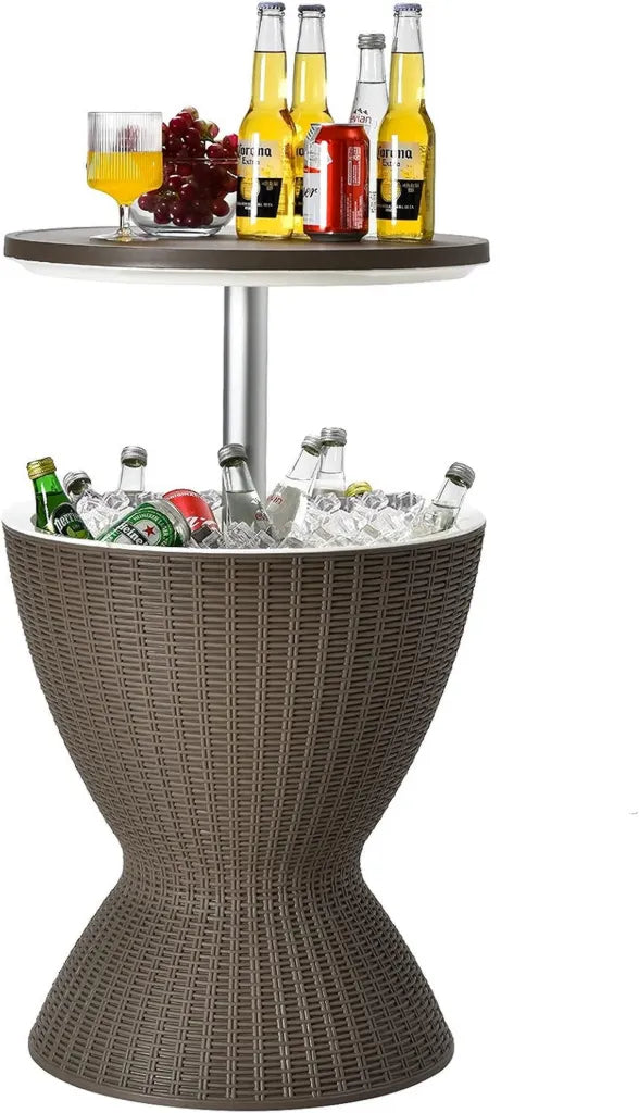 Table Glacière Rotin 30L avec Plateau Rétractable pour Boissons, Usage Intérieur Extérieur