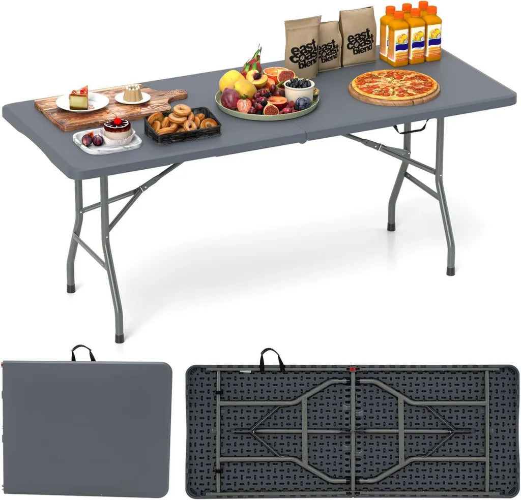 Table Pliante Portable GYMAX 180 x 74 cm, Idéale pour Camping et Événements Extérieurs, avec Poignée de Transport – Gris