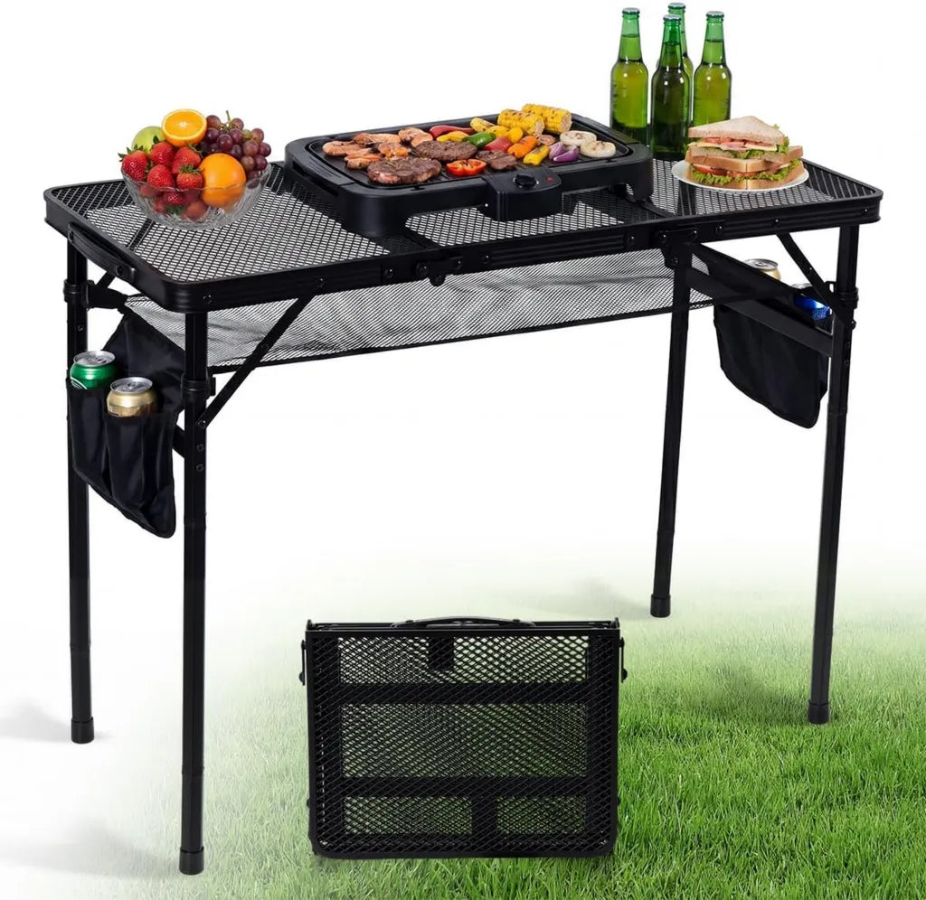 Table de Camping Pliante en Aluminium Légère et Réglable, 90x40 cm, Plateau Maille, Idéale pour Pique-Nique et Barbecue