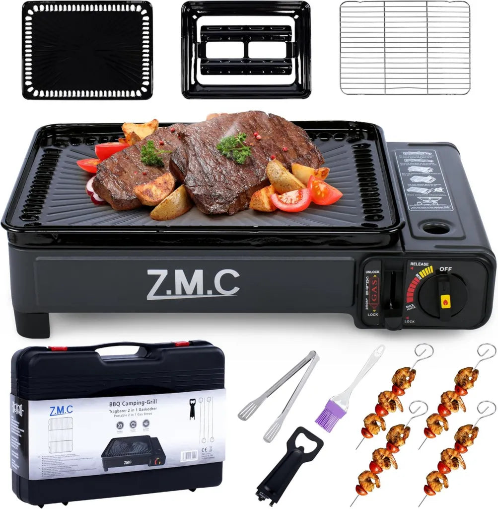 Réchaud et Barbecue à Gaz 2-en-1 Portable avec Accessoires et Valise - 2.2 kW