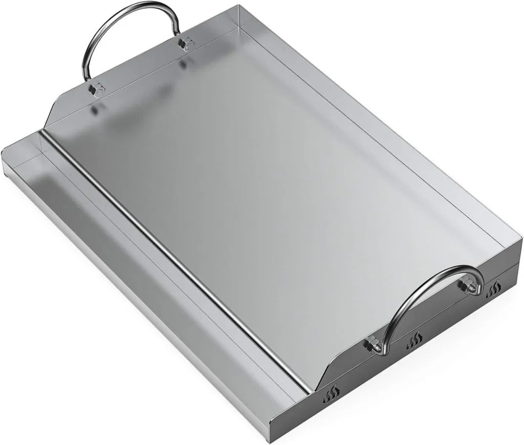 Plancha Universelle en Acier Inoxydable pour Barbecue, 47.2 x 32 cm, avec Poignée, Compatible Gaz et Charbon
