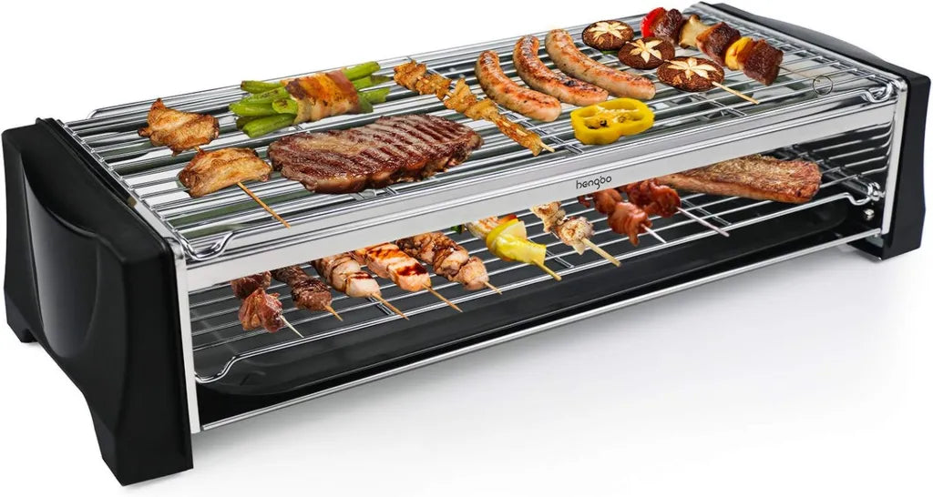 Gril Électrique de Table HengBO, BBQ Sans Fumée à Deux Niveaux avec Collecteur de Graisses et Thermostat 2200 W, Noir
