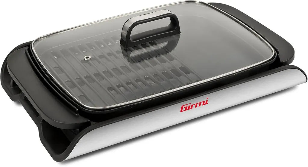 Gril Électrique Girmi BQ91, 2000W, Plaques XL Antiadhésives 40 x 30 cm, Utilisation Double, Sans Fumée, Couvercle en Verre, Température Ajustable, Réservoir à Graisse, Couleur Grise