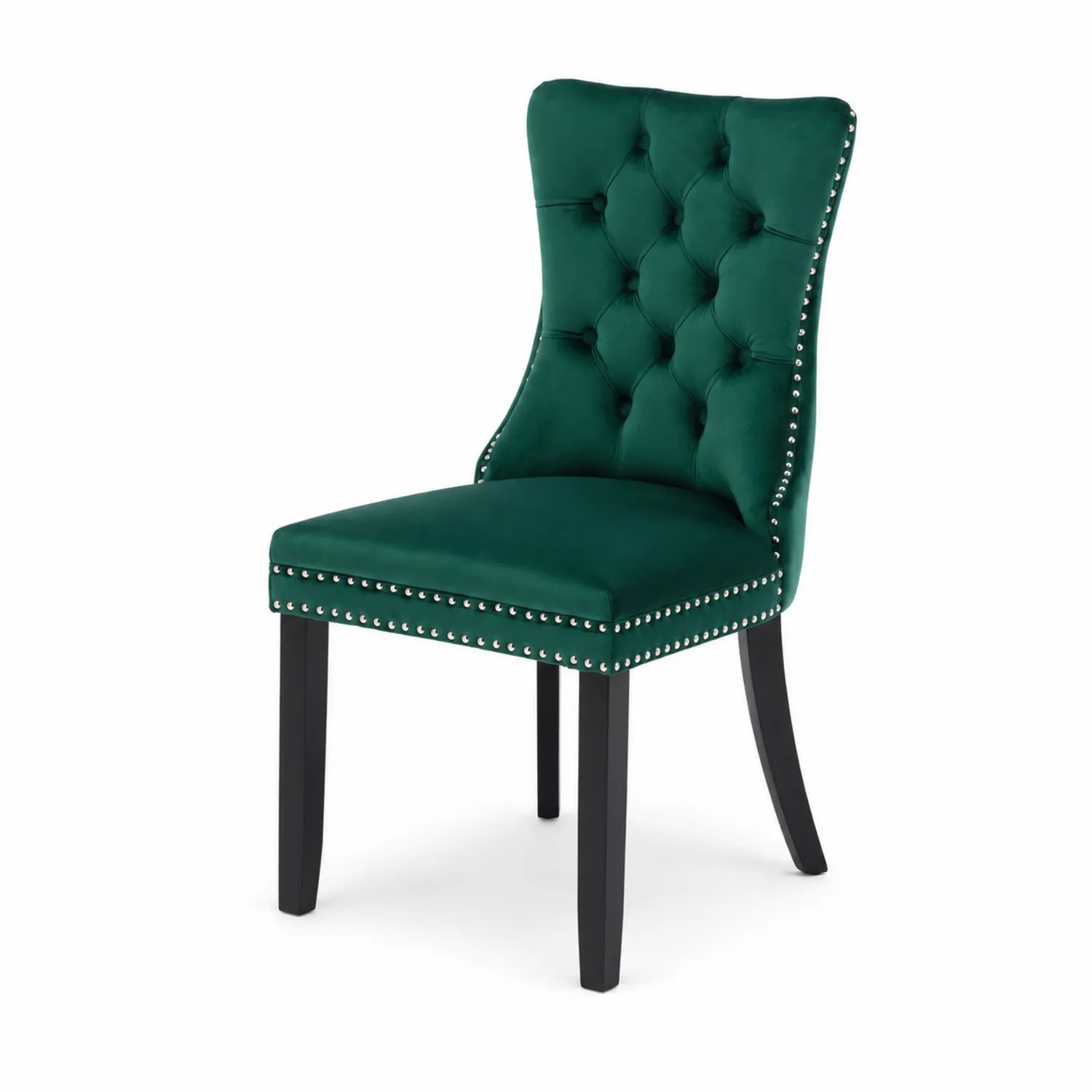 Chaise en velours vert avec dossier capitonné et pieds en bois