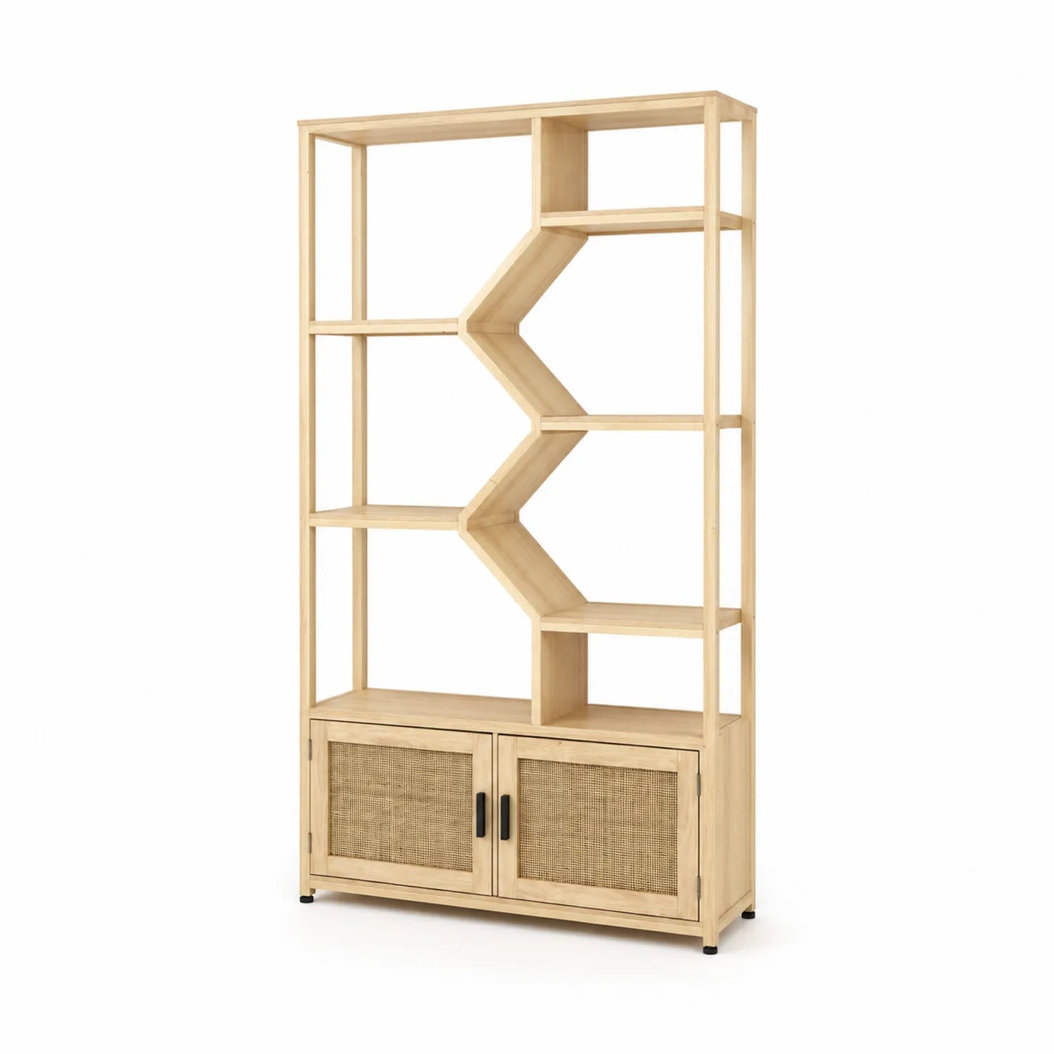 Étagère en bois avec portes en rotin chêne clair