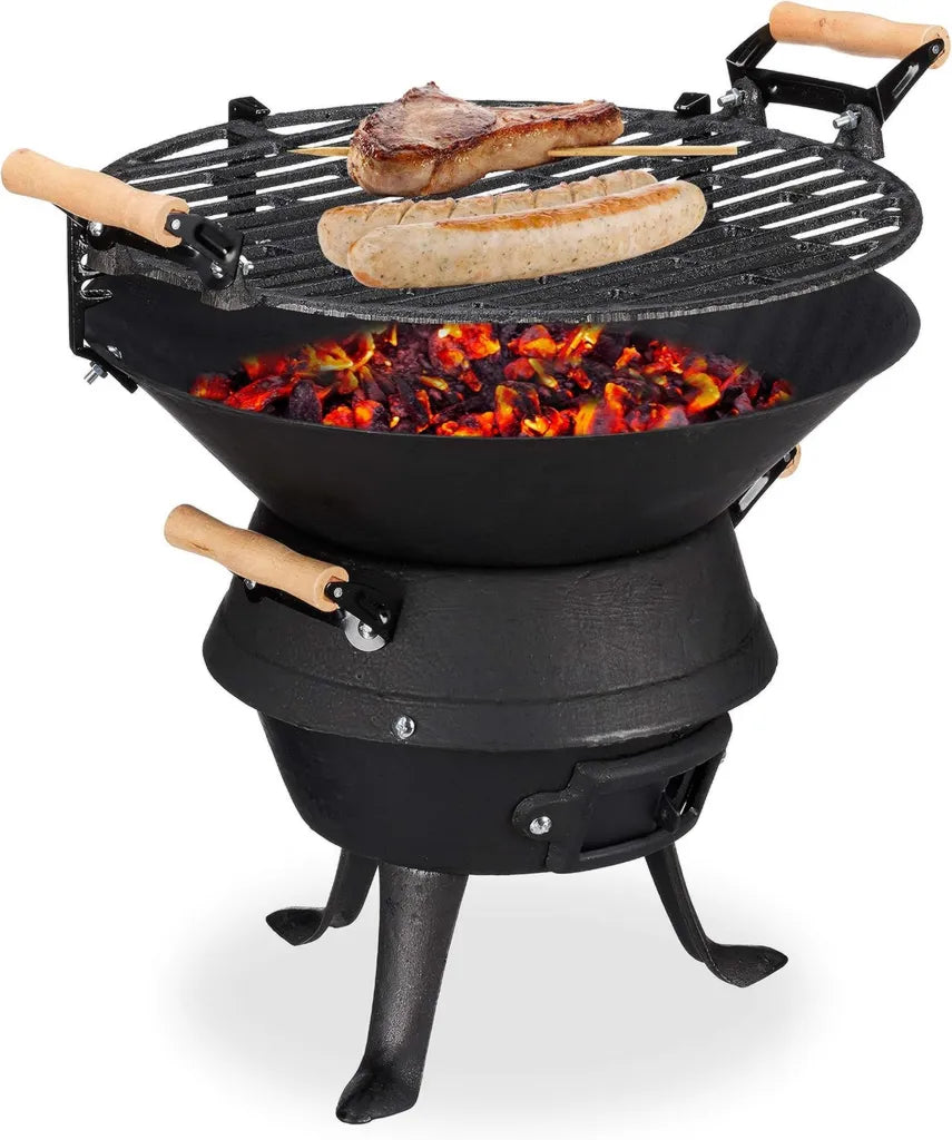 Gril Barbecue en Fonte Réglable avec Aération, 40x45x36 cm, Noir