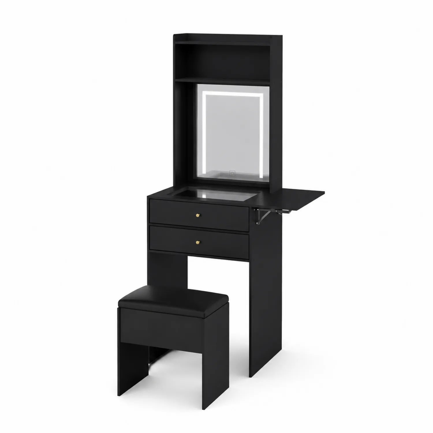 Coiffeuse en Bois avec Miroir LED et Tabouret Noir