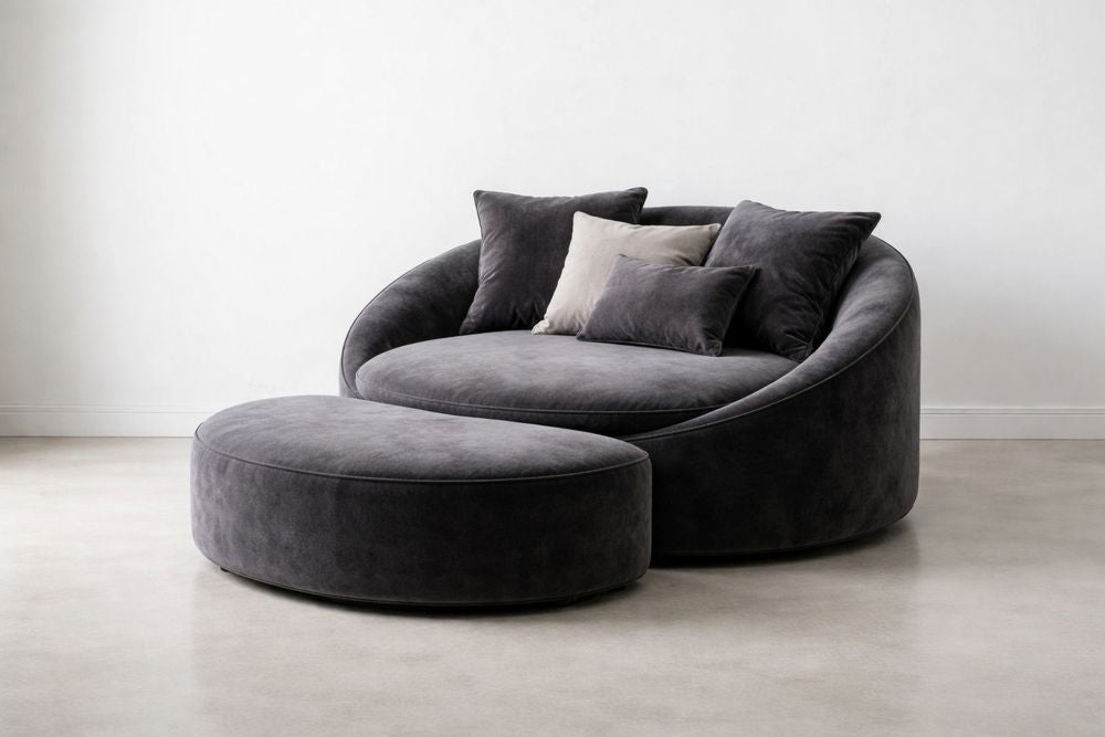 Round Dark Gray Velvet Lounge Chair and Ottoman Set with Cushions