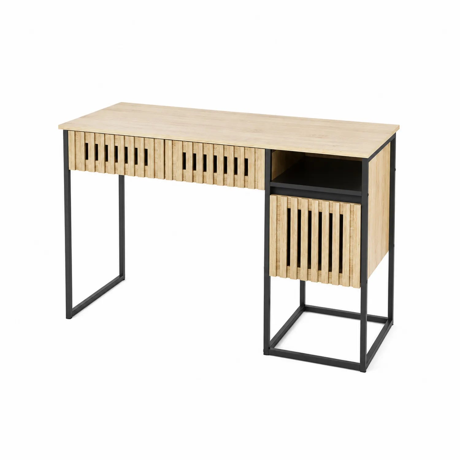 Bureau en bambou et métal noir avec tiroirs intégrés